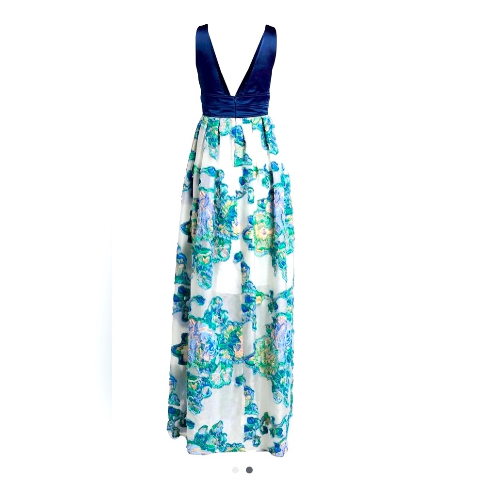 CHRISTIAN PELLIZZARI Blue Silk Brocade Empire Waist Maxi Dress